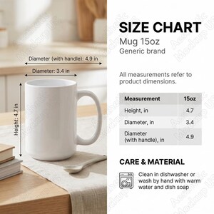 Tabla de tallas de tazas Printify de 444 ml / Taza / Descarga digital / Instrucciones de cuidado / Guía de lavado