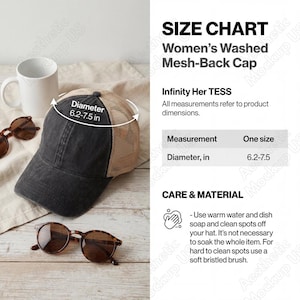 Puede incluir: Gorra negra y beige con malla en la parte trasera, diámetro 15,7-19,1 cm. Parte de la colección Women's Washed Mesh-Back Cap. Instrucciones de cuidado: agua tibia y jabón para limpiar manchas.