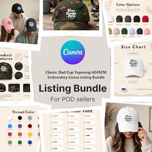 May include: A digital listing bundle for Yupoong 6245CM dad caps, featuring product photos, color options, a size chart with measurements in inches, thread color swatches, and font selections for print-on-demand sellers.