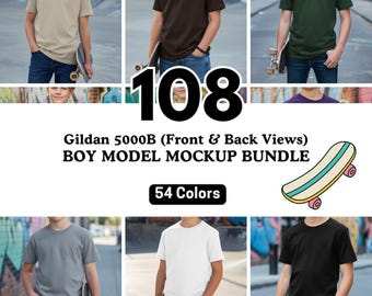Pacchetto di mockup per t-shirt Gildan 5000B / 108 viste fronte e retro / Pacchetto di mockup per t-shirt per bambini Gildan modello ragazzo, minimalismo, tendenza boho