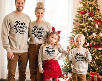 Sand Gildan 18000 Family of Four Christmas Mockup | Mom Dad Boy Girl Matching Sweatshirts | Holiday POD PNG