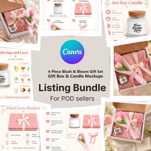 May include: A 4-piece blush and bloom gift set listing bundle for POD sellers featuring mockups of a 4oz soy candle with a cork lid, a pink plush blanket, a crochet flower bouquet, and a pink bow hair clip, all presented in a gift box.