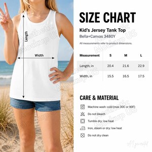 May include: A white jersey tank top with a size chart displaying measurements in inches for sizes S, M, and L. The chart includes length and width dimensions, care instructions for machine washing, bleaching, drying, and ironing, and the Bella+Canvas 3480Y label.