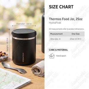 Könnte beinhalten: Schwarzes Thermos-Essensglas mit silbernem Rand, ca. 16,5 cm hoch und 9,7 cm Durchmesser. Das Glas ist mit "HydraPeak" beschriftet und enthält eine Größentabelle mit einem Fassungsvermögen von 0,74 l. Pflegehinweis: Handwäsche.