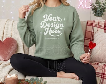 Gildan SF000 Sage Sweatshirt Mockup | Crewneck Sweatshirt Valentine's Day Mock Up