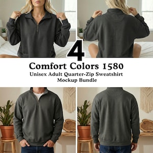 May include: A mockup bundle featuring four views of a dark gray unisex quarter-zip sweatshirt. The images show the front and back of the sweatshirt on a person, and the front and back on a different person. The text "Comfort Colors 1580" and "Unisex Adult Quarter-Zip Sweatshirt Mockup Bundle" is displayed.