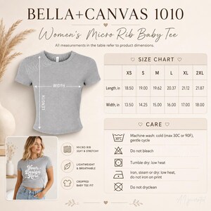 May include: A grey micro rib baby tee with a size chart displaying measurements in inches from XS to 2XL. The image includes care instructions for machine washing, drying, and ironing, alongside a visual guide showing the width and length.