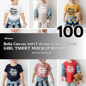 Könnte beinhalten: Ein digitales Paket mit 100 Bella Canvas 3001T T-Shirt-Mockups, die Kinder in verschiedenfarbigen T-Shirts mit dem aufgedruckten Text Your Design Here zeigen. Die Sammlung enthält Vorder- und Rückansichten in 35 verschiedenen Farben.
