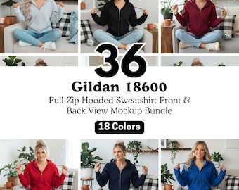 Gildan 18600 Hoodie Mockup Bundle | 36 PNGs Front Back Boho Female | Zip Up Sweatshirt Mockups for POD Sellers