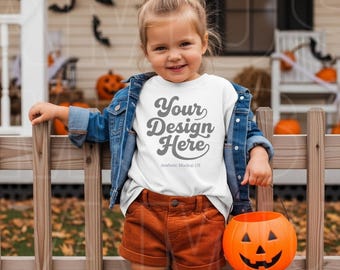 Bella Canvas 3001T Toddler Mockup | White T-Shirt | Halloween Kid's Shirt | Spooky Fall POD BC3001T Child Mock-up PNG Stock photo