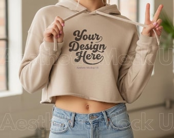Heather Dust Bella Canvas 7502 Mockup | Cropped Hoodie Mockup | Cropped Top Mockup | BC 7502 Printify POD Lifestyle Mockup PNG