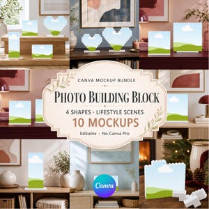 Pode incluir: Um pacote de maquetes Canva com dez expositores de blocos de construção fotográficos em quatro formas. Os blocos ilustram uma paisagem de colinas verdes, céu azul e uma nuvem branca. O texto diz CANVA MOCKUP BUNDLE PHOTO BUILDING BLOCK 4 SHAPES LIFESTYLE SCENES 10 MOCKUPS Editable No Canva Pro.