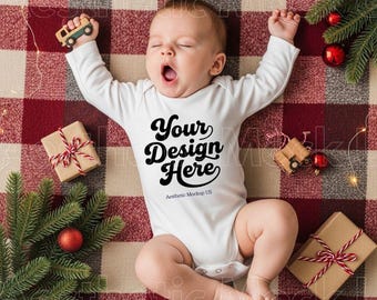 Rabbit Skins 4411 White Baby Long Sleeve Bodysuit Mockup | Christmas Baby bodysuit Mockup | Holiday Baby Mockup PNG | Xmas Baby Flat Lay