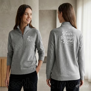 Cotton Heritage M2475 Mockup | Gray Quarter Zip Pullover | Front & Back Lifestyle | POD Embroidery Design Showcase | Instant Download