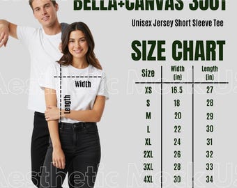 Bella Canvas 3001 Size Chart Mockup| Unisex Shirt Size Guide with Male Female Models |BC3001 Measurement Chart PNG Templates