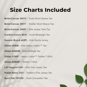 Pacote com 12 tabelas de tamanhos de camisetas infantis da Printify | Camisetas e regatas para bebês e crianças | Bella Canvas, Gildan, Comfort Colors, LAT, Rabbit Skins, Sport Tek imagem 3
