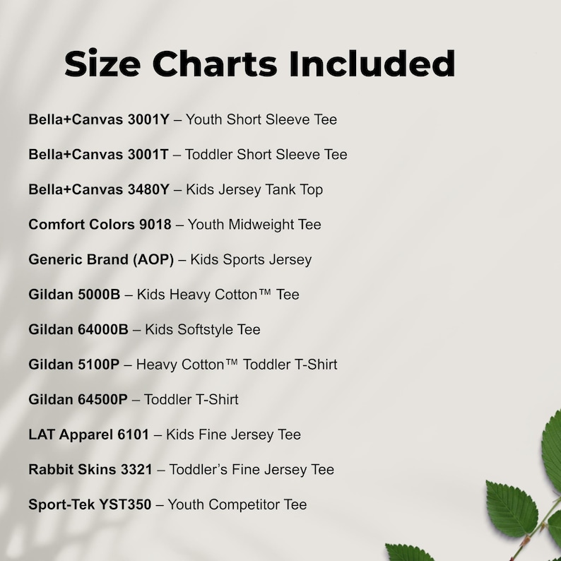 Pacote com 12 tabelas de tamanhos de camisetas infantis da Printify | Camisetas e regatas para bebês e crianças | Bella Canvas, Gildan, Comfort Colors, LAT, Rabbit Skins, Sport Tek imagem 3