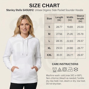 May include: A white long-sleeve hoodie with a front pocket and drawstring hood. The image includes a size chart for the Stanley Stella SASU012 Unisex Organic Side Pocket Sounder Hoodie, listing length, width, and sleeve length in inches.