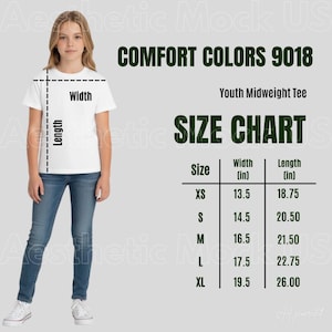 May include: A white youth midweight t-shirt size chart for Comfort Colors 9018. The chart lists sizes XS through XL with corresponding width and length measurements in inches. A diagram shows how to measure the width and length of the t-shirt.