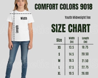 Comfort Colors 9018 Youth Tee Size Chart | CC9018 Kids T-Shirt Sizing Guide | Printify POD Girl PNG Mockup
