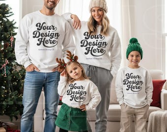 White Gildan 18000 Family of Four Mockup | G18000 Parents Kids Crewneck| Family Holiday Christmas Sweatshirt Mock-up Boy Girl Matching