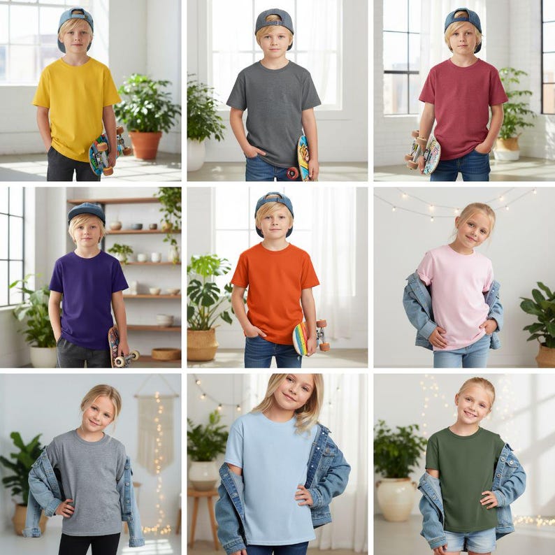 K&ouml;nnte beinhalten: Neun Kinder tragen einfarbige T-Shirts in verschiedenen Farben, darunter Gelb, Grau, Rot, Lila, Orange, Rosa, Hellblau und Gr&uuml;n. Jedes Kind tr&auml;gt eine Baseballkappe und h&auml;lt ein Skateboard. Die T-Shirts sind kurz&auml;rmelig.