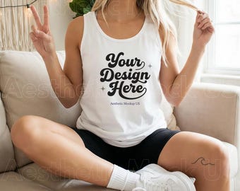 White Gildan 5200 Tank Top Mockup Bundle Female Model Front Back | Boho Minimalism Mock for Printify POD
