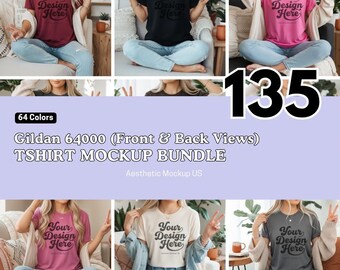 Gildan 64000 Mockup Tshirt Mega Bundle, Front and Back Views G64000 Shirt Mock-up Gildan Model Lifestyle Trendy Boho Minimalism POD Mockups
