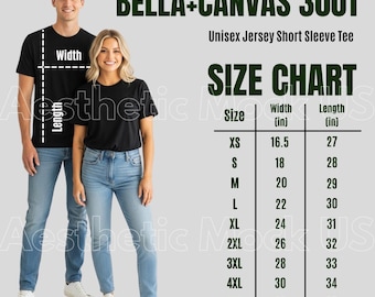 Bella Canvas 3001 Size Chart Mockup| Unisex Shirt Size Guide with Male Female Models |BC3001 Measurement Chart PNG Templates