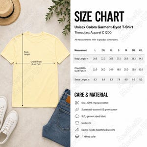 May include: A pale yellow short-sleeve t-shirt with a size chart and care information table. The chart lists body length, chest width, and sleeve length in inches for sizes S through 4XL. The text includes Threadfast Apparel C1200 details.