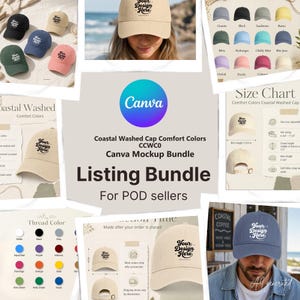 May include: A digital mockup bundle for Comfort Colors coastal washed baseball caps, featuring various color swatches, a size chart with a 2 3/4 inch brim length, and multiple views of caps displaying the text Your Design Here in a circular layout.
