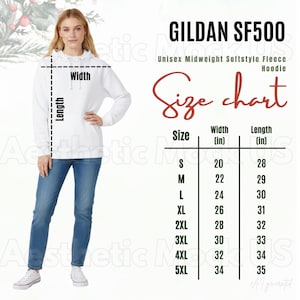 May include: A white Gildan SF500 unisex midweight softstyle fleece hoodie size chart. The image displays a white hoodie with a diagram indicating width and length measurements, alongside a table listing sizes S through 5XL with corresponding dimensions in inches.