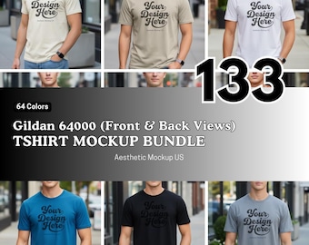 Gildan 64000 Mockup Tshirt Mega Bundle, Front and Back Views G64000 Shirt Mock-up Gildan Man Model Lifestyle Trendy Minimalism POD Mockups