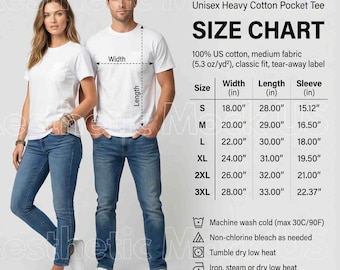 May include: A Gildan 5300 unisex heavy cotton pocket t-shirt size chart featuring a white t-shirt on two models, a width and length measurement diagram, and a table listing sizes S through 3XL with measurements in inches and care instructions.