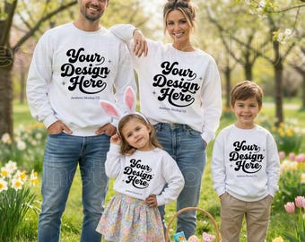 Weißes Oster-Familien-Sweatshirt-Mockup | Gildan 18000 Crewneck-Mockups für Mama, Papa, Kinder, Geschwister, Outdoor-Mockup