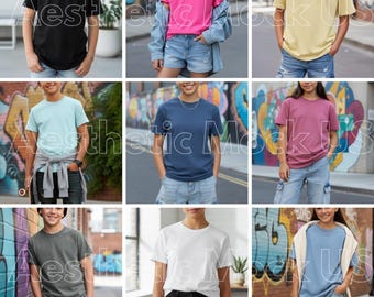 Comfort Colors 9018 Mockup Bundle 64-Image| Front Back Views Youth & Kids T-shirt Mock-up |White Black Pepper Navy | Lifestyle Boy Girl POD