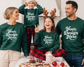 Gildan 18000 Family of Four Mockup | Forest Green Crewneck Sweatshirt Mockup | Matching Family Matching Holiday| Cozy Winter Christmas Mock