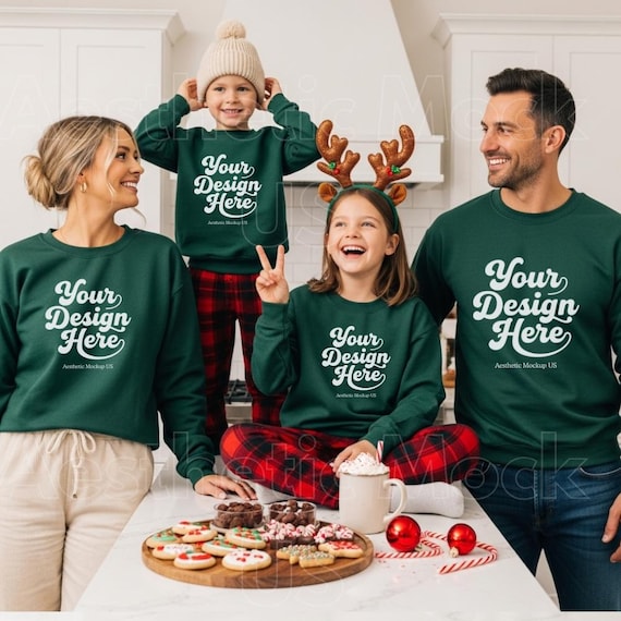 Gildan 18000 Family of Four Mockup | Forest Green Crewneck Sweatshirt Mockup | Matching Family Matching Holiday| Cozy Winter Christmas Mock