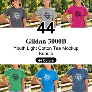 Könnte beinhalten: Ein Mockup-Bundle aus Gildan 3000B Youth Light Cotton T-Shirts in verschiedenen Farben. Das Bild zeigt mehrere T-Shirts in verschiedenen Farben, jedes mit dem Text "Your Design Here". Der Text "44 Farben" ist ebenfalls sichtbar.