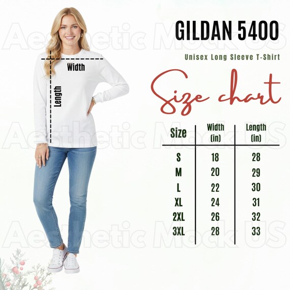 Gildan 5400 White | Size Chart Mockup | Unisex Long Sleeve T-shirt