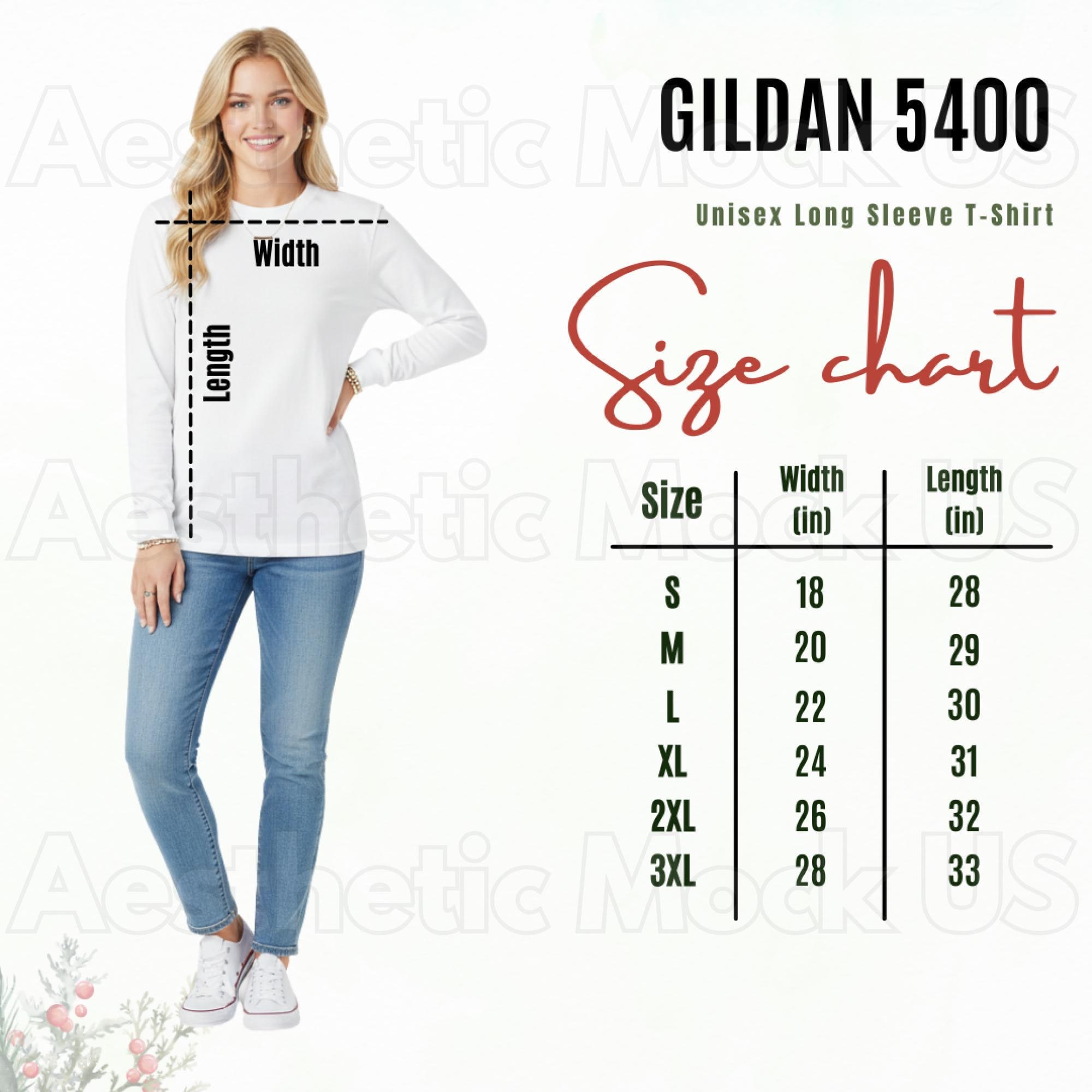 Gildan 5400 White | Size Chart Mockup | Unisex Long Sleeve T-shirt