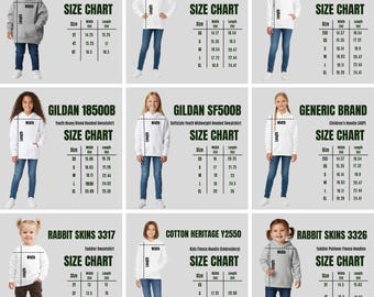 May include: A collection of nine size charts for various children's hoodies and sweatshirts, including AS Colour 3036, AWDis JH030J, AWDis JH001J, Gildan 18500B, Gildan SF500B, Generic Brand, Rabbit Skins 3317, Cotton Heritage Y2550, and Rabbit Skins 3326.