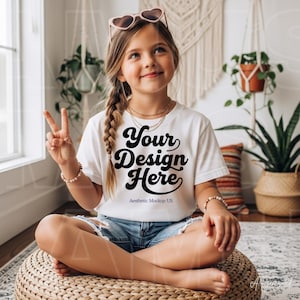 Bella Canvas 3001Y Youth T-Shirt Mockup | White Kids Tee Mockup | Boho Child Apparel POD Mockup