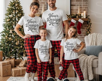 Gildan 5000 White Christmas Shirt Mockup | Family Matching Pajamas | Xmas Holiday Tee Mock Up Printify POD Stock Image