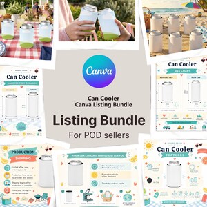 Könnte beinhalten: Ein digitales Marketing-Paket für Dosenkühler mit mehreren Produkt-Mockups, Größentabellen für Standard- und Slim-Dosen sowie informativen Grafiken, die die Produktion, den Versand und die Produktmerkmale für Print-on-Demand-Verkäufer detailliert darstellen.