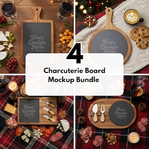 May include: A charcuterie board mockup bundle featuring four different wooden boards with slate surfaces. Each board is surrounded by food items like cheese, nuts, and meats. The boards have the text "Your Design Here" on them. The image also has the text "4 Charcuterie Board Mockup Bundle".