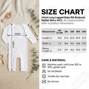 Rabbit Skins 4412 Size Chart | Care Instructions| Washing Guide | Infant Long Legged Baby Rib Bodysuit | Digital Download