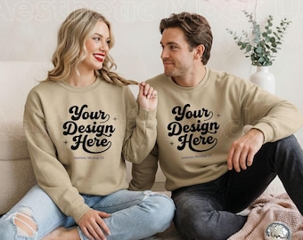 Sand Gildan 18000 Mockup for Couples | Valentine, Family Matching Set Crewneck| Sweatshirt PNG | POD Family Apparel