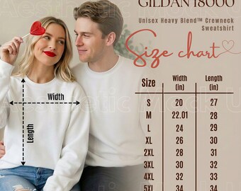 May include: A Gildan 18000 Unisex Heavy Blend crewneck sweatshirt size chart featuring a table with width and length measurements in inches for sizes S through 5XL. The chart displays width and length dimensions ranging from 20 to 34 inches.