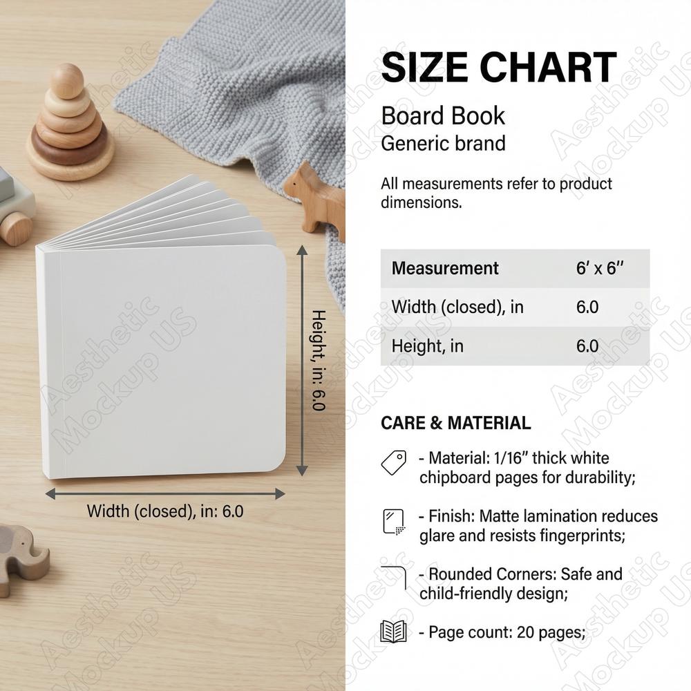 Tabella delle dimensioni dei libri cartonati Printify / Libro cartonato 6x6 / Download digitale / Istruzioni per la cura / Guida al lavaggio